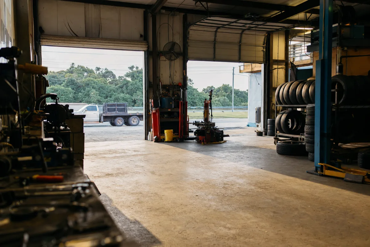 An independent tire shop early in the morning