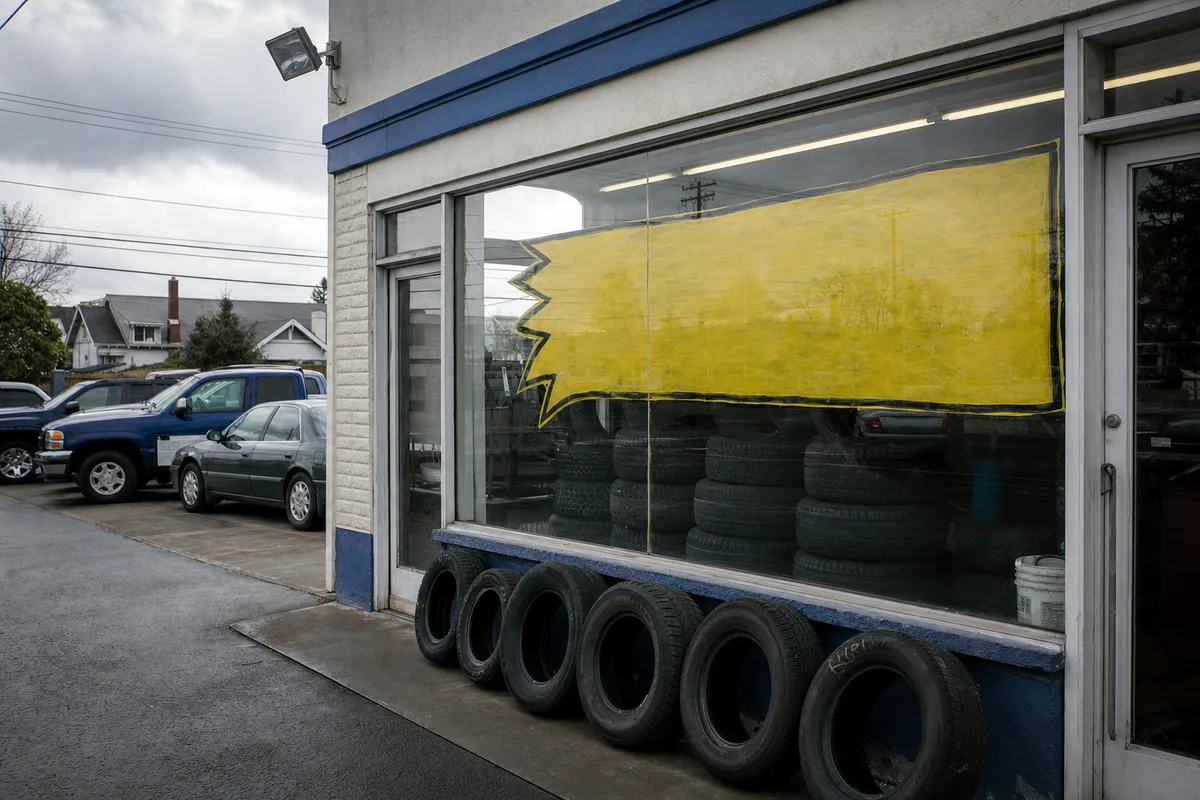 A tire shop window with a sale banner