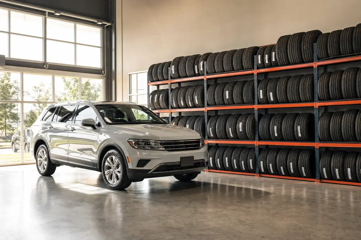 A wall of brand-new tires racked in a bright American tire store with a clean SUV parked in front